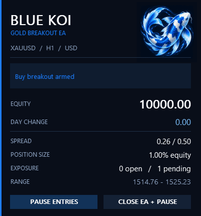 Blue Koi control panel example with controls to pause entries and close positions